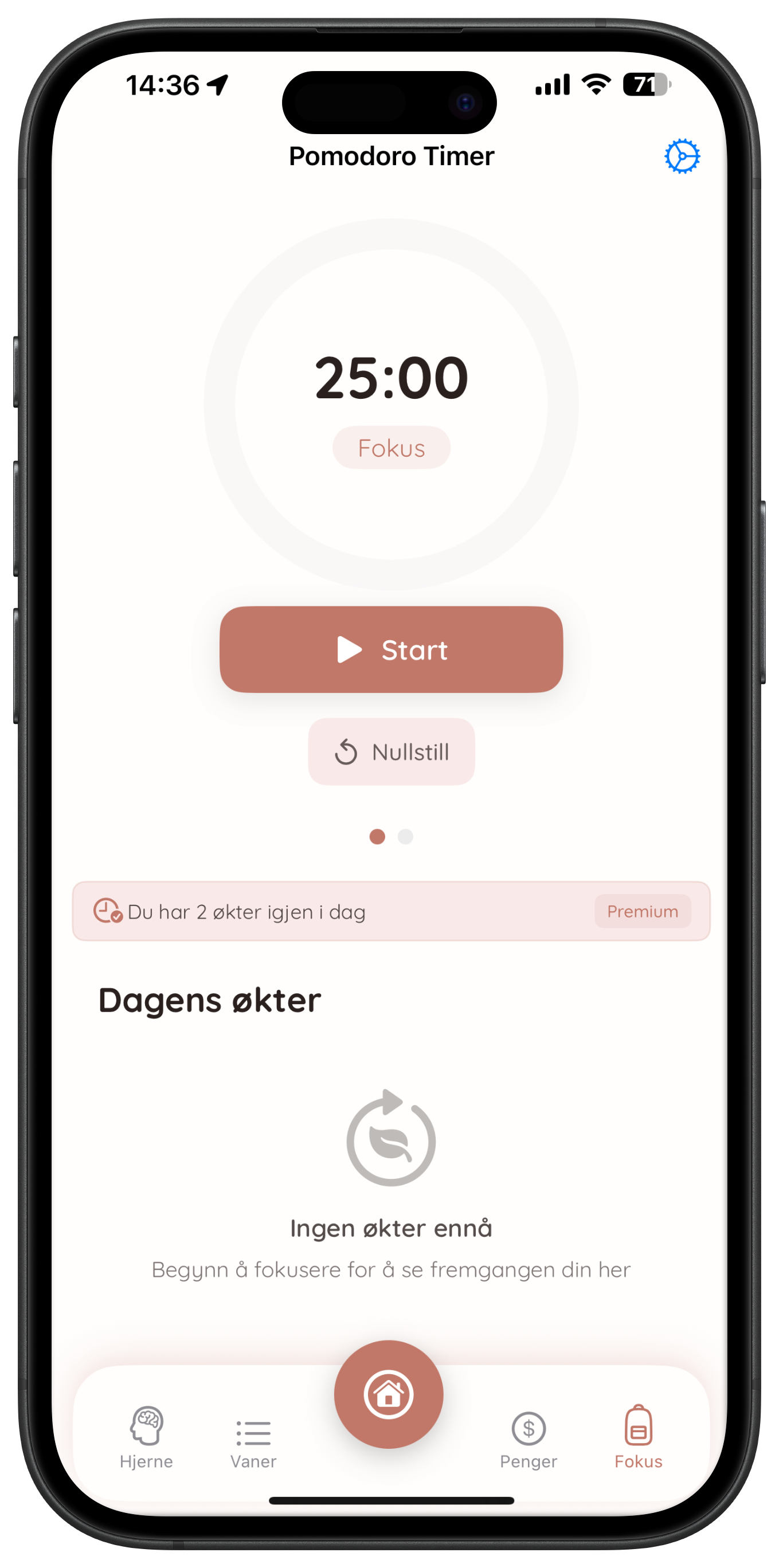 Planviah Pomodoro timer skjerm